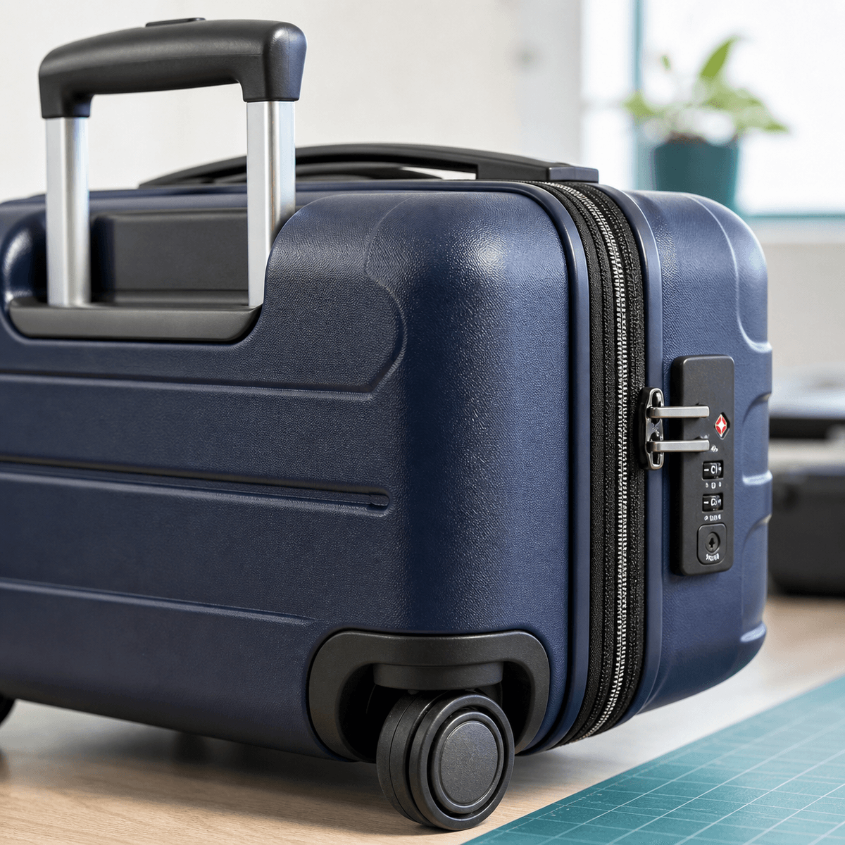 Close-up of suitcase shell, handle, zipper, lock, and spinner wheel