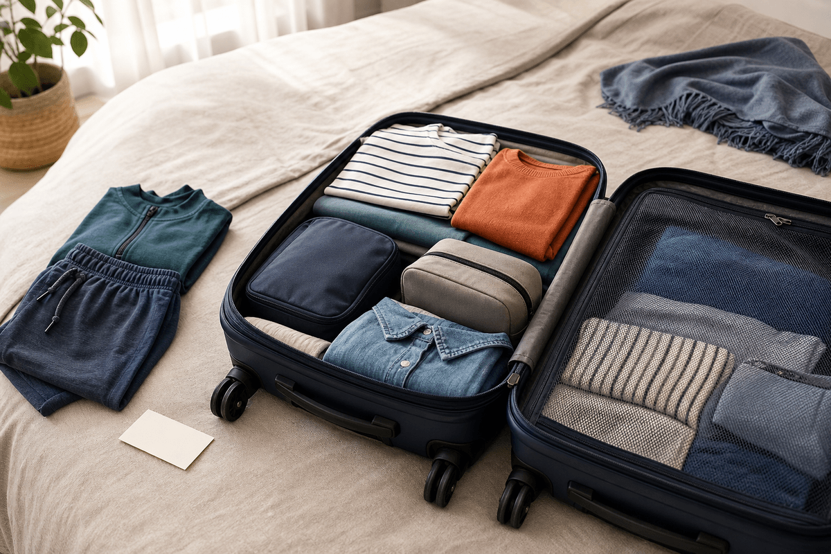 Open suitcase packed for a week-long trip